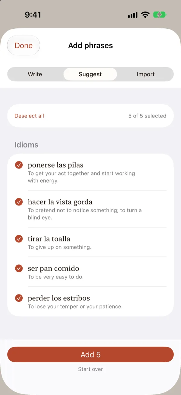 Add phrases sheet suggesting five Spanish idioms, including “ponerse las pilas” and “tirar la toalla,” each with its meaning